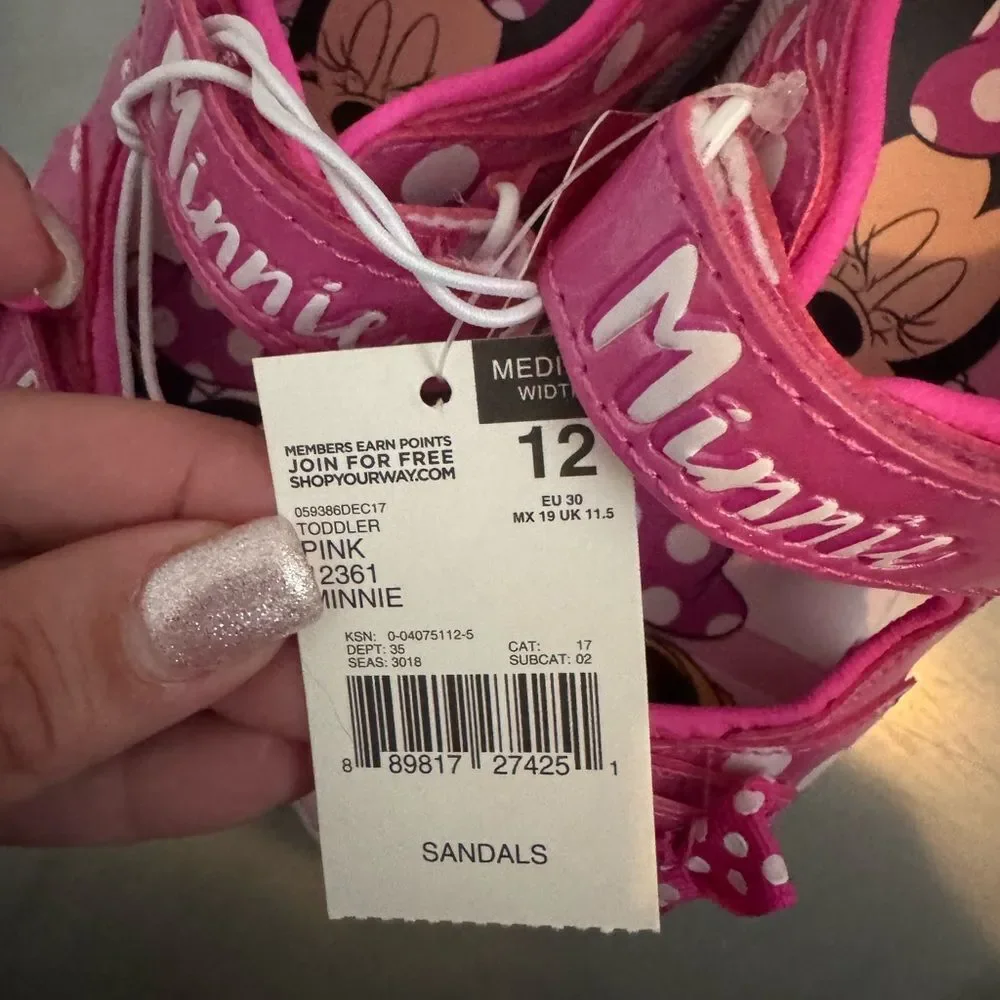 NWT New DISNEY Minnie Mouse Logo Pink White Bow Velcro Sandals Girls 12